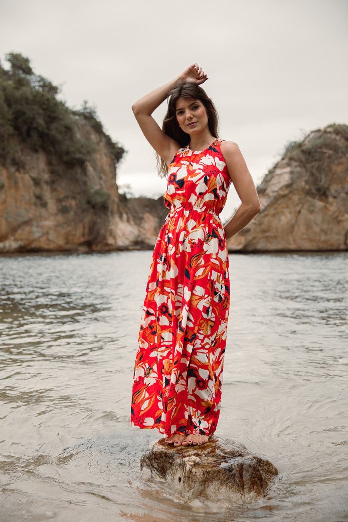 VESTIDO VISCOSE FLORAL GRAFICA